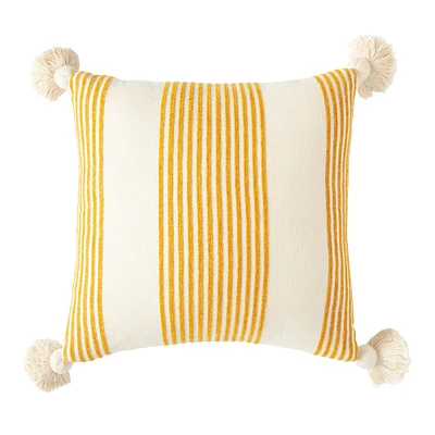 Cream & Mustard Striped Pillow with Tassels