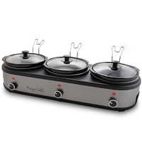 MegaChef Brushed Silver & Black Finish Triple 2.5qt. Slow Cooker & Buffet Server With 3 Ceramic Cooking Pots & Removable Lid Rests