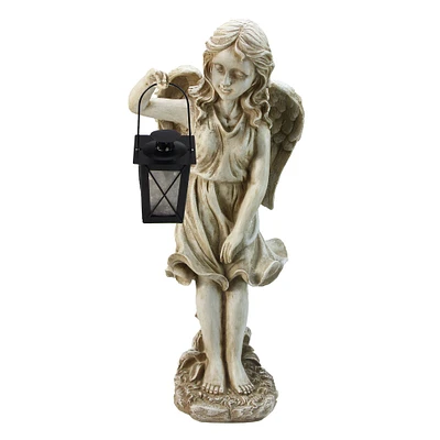 21" Lovely Weathered Ivory Standing Angel with Tealight Candle Lantern Outdoor Garden Statue