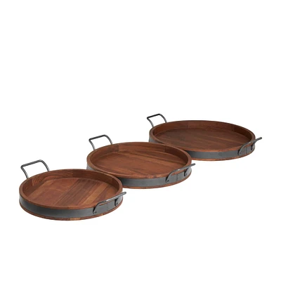 Brown Wood Nesting Tray with Black Metal Handles Set