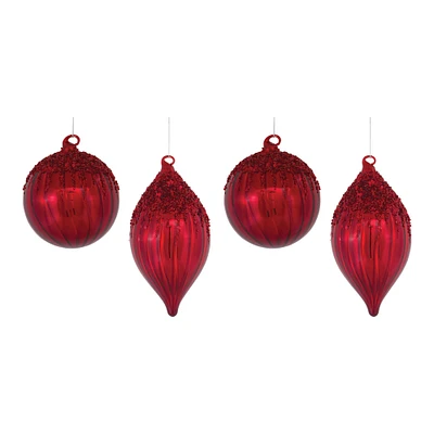 Sequined Red Glass Ball & Teardrop Ornament Set