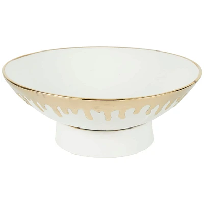 CosmoLiving by Cosmopolitan 15.5" Abstract White with Gold Melting Drips Ceramic Decorative Bowl