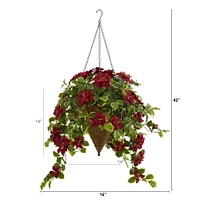 3.5ft. Real Touch Poinsettia and Variegated Holly Artificial Plant in Hanging Cone Basket