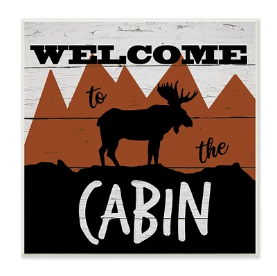 Stupell Industries Welcome To Cabin Phrase Rustic Moose Orange Mountains,12" x 12"