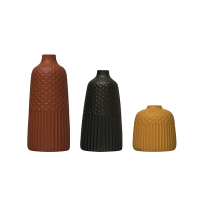 Embossed Stoneware Vases with Fluted & Polka Dot Designs Set