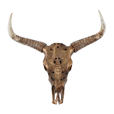 Bronze Polystone Carved Skull Cow Wall Decor 28" x 7" x 30"