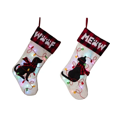 Glitzhome® 21" LED Embroidered Cat & Dog Linen Christmas Stockings, 2ct.