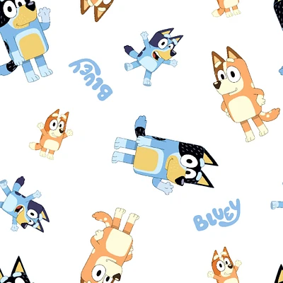 Bluey Toss on White Cotton Fabric