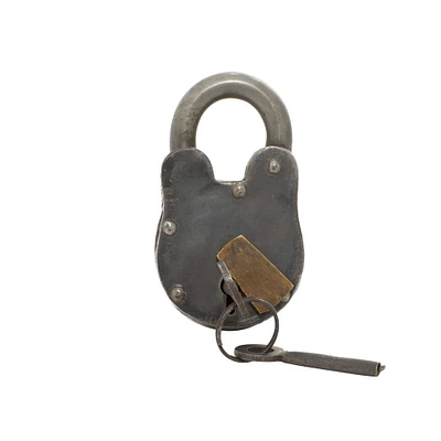 Grey Metal Industrial Lock and Key, 2" x 4" x 2"