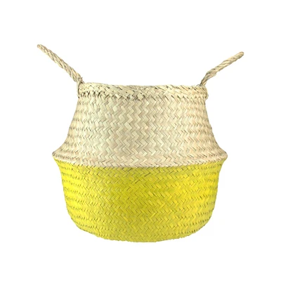 14.5" Beige & Yellow Large Seagrass Belly Basket with Handles