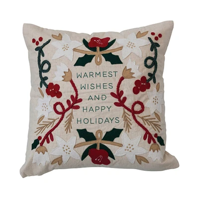 Warmest Wishes Square Cotton & Linen Pillow with Embroidery