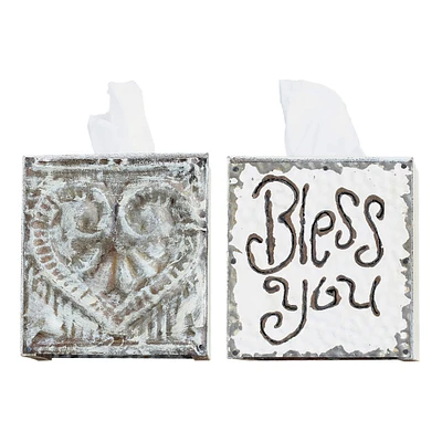 6.5" Wood & Metal "Bless You" Tissue Box Cover