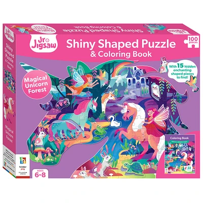 Hinkler Jr. Jigsaw Magical Unicorn Forest Shiny Shaped 100 Piece Puzzle & Coloring Book