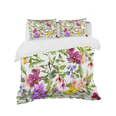 Designart 'Purple Blossoming Orchids and Yellow Butterflies' Floral Bedding Set - Duvet Cover & Shams