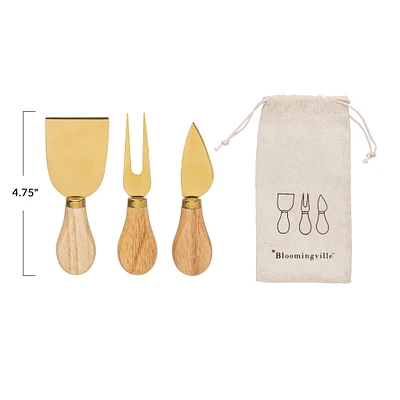 Gold Stainless Steel Cheese Utensils with Oak Wood Handles Set in Printed Drawstring Bag