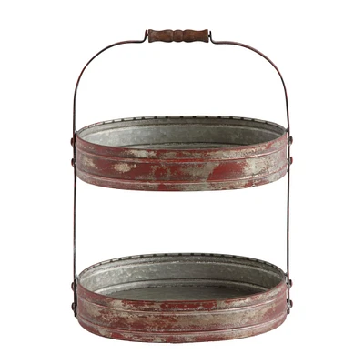 17.5'' Distressed Red Metal Oval 2 Tier Tray with Handle