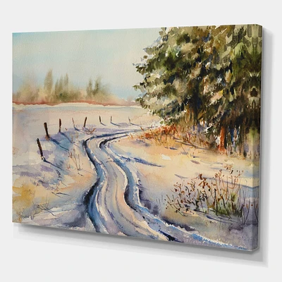 Designart - Snowy Winter Forest Landscape Country Road In Snow - Traditional Canvas Wall Art Print