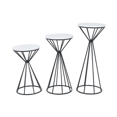 Black Metal Geometric Cone Shaped Rod Plant Stand with Marble Tabletop Set