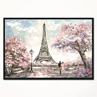 Designart - Eiffel with Pink Flowers - Landscape Framed Canvas Art Print