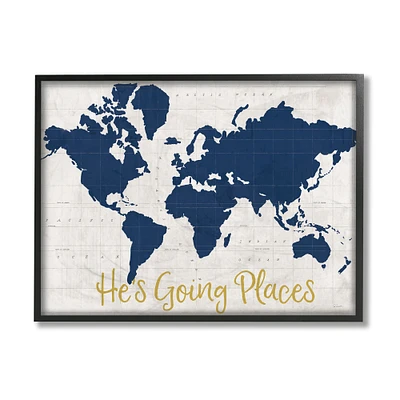 Stupell Industries He's Going Places Blue World Map Black Framed Wall Art