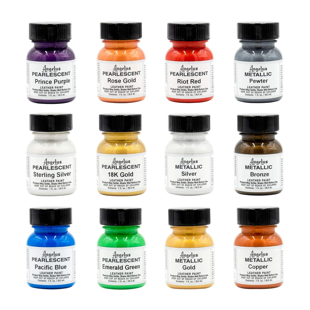 12 Packs: 12 ct. (144 total) Angelus® Metallic & Pearlescent Acrylic Leather Paint Kit