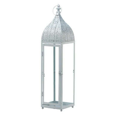 24" Large Silver Metal Rectangular Moroccan Style Candle Lantern