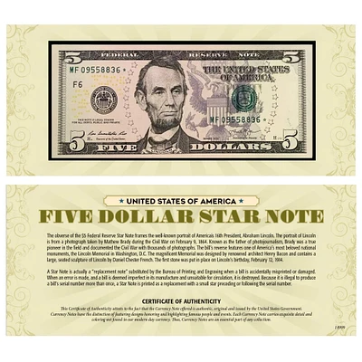 Five Dollar Star Note Protective Holder United States Genuine Currency