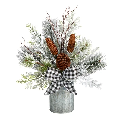 20" Winter Greenery, Pinecones & Gingham Plaid Bow Arrangement