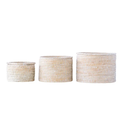 Whitewashed Woven Seagrass Baskets with Lids Set