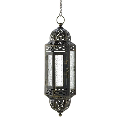 13" Antique Victorian Black Filigree Embellished Hanging Candle Lantern