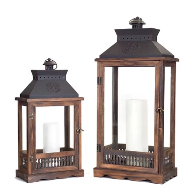 Black and Brown Wood, Metal & Glass Lantern Set, 21'' & 27''