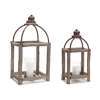 Natural and Copper Wood, Metal & Glass Lantern Set, 20.5'' & 26''