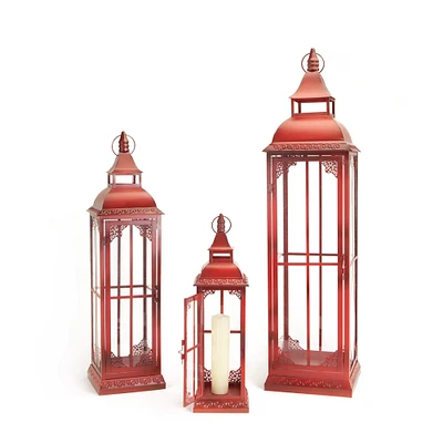 Ornate Red Metal Lantern Set, 20", 28" & 37"