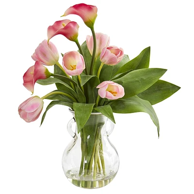 19" Calla Lily & Tulips Artificial Arrangement in Decorative Clear Vase