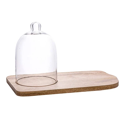 Hello Honey® Mango Wood Tray with Natural Brown Glass Cloche