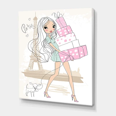 Designart - Young Girl With Shopping Boxes In Paris - Shabby Chic Canvas Wall Art Print