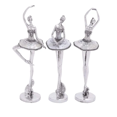 Set of 3 Silver Polystone Modern Dancer Sculpture, 18", 18", 16"