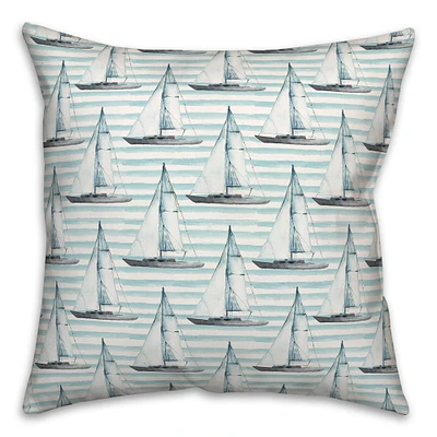 Blue Boats on Stripes Throw Pillow