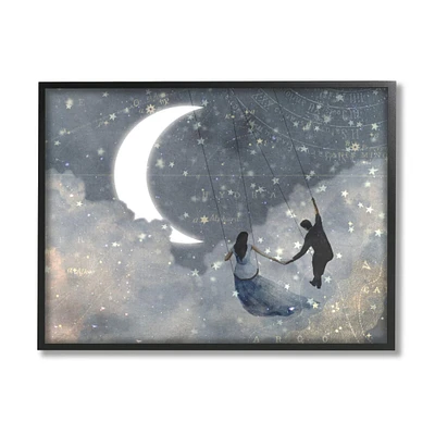 Stupell Industries Grey and Blue Celestial Love Sky Swinging by the Crescent Moon and Stars Framed Wall Art