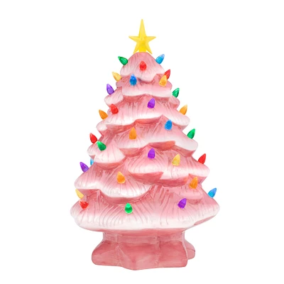 14" Pink Nostalgic LED Ceramic Christmas Tree with Removable Bulbs