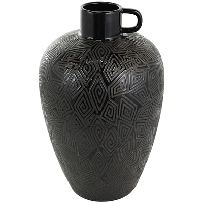 19" Black Ceramic Vase with Geometric Etchings