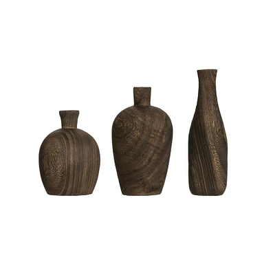Brown Paulownia Wood Vase with Black Charred Finish Set