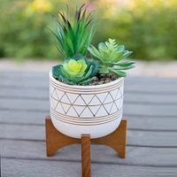 Flora Bunda 5" White Gold Geo Planter With Wood Stand