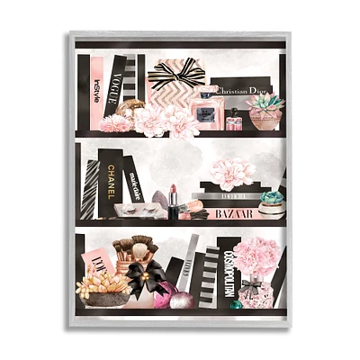 Stupell Industries Fashion Bookshelf Glam Cosmetic Accessories and Books in Frame Wall Art