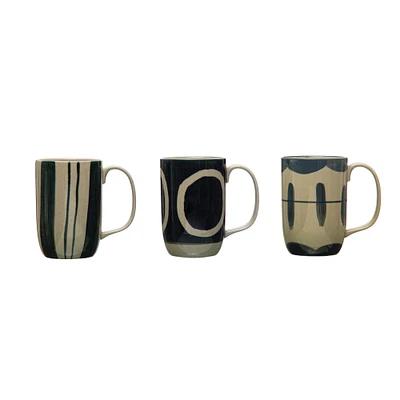 Mixed Black & Tan Painted Designs Stoneware Mug Set