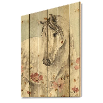 Designart - watercolors Pink Wild Horses II - Farmhouse Print on Natural Pine Wood