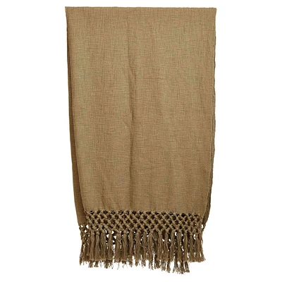 Olive Woven Cotton Throw Blanket with Crochet & Fringe