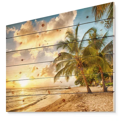 Designart - Gorgeous Beach of Island Barbados - Modern Seascape Print on Natural Pine Wood