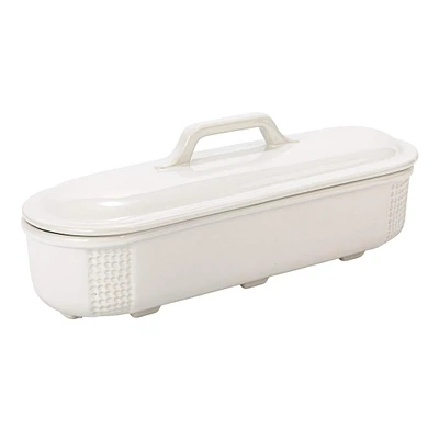 15.5" Matte White Oval 2qt. Debossed Stoneware Baking Dish with Lid