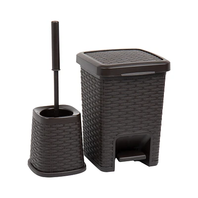 Mind Reader Wicker Style Square Wastepaper Pedal Basket & Toilet Brush Bathroom Set